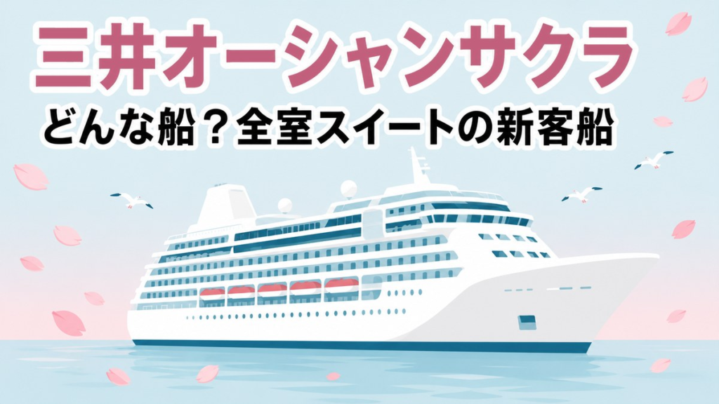 三井オーシャンサクラはどんな船？全室スイートの新客船。桜の花びらが舞う海を進むクルーズ船のイラスト