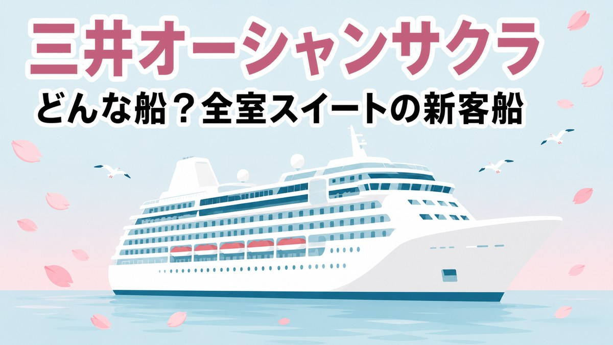 三井オーシャンサクラはどんな船？全室スイートの新客船。桜の花びらが舞う海を進むクルーズ船のイラスト