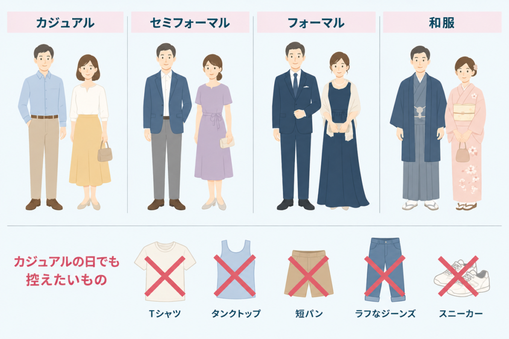三井オーシャンサクラのドレスコード4区分と、カジュアルの日でも控えたい服装の図解