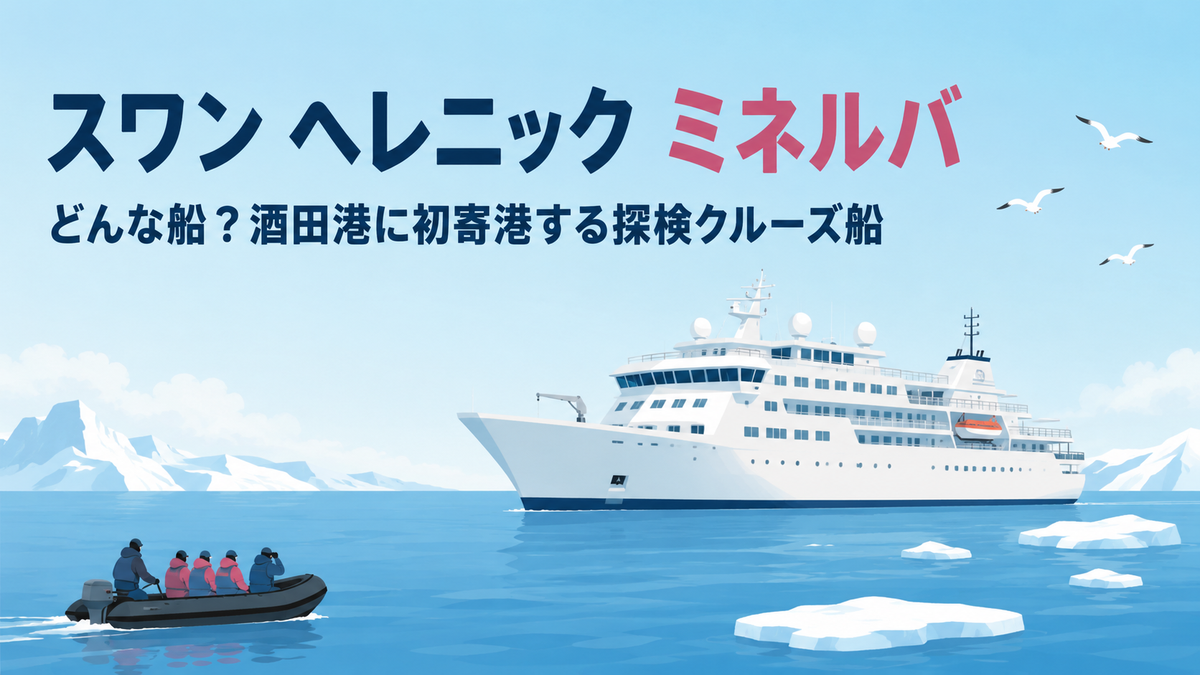 スワン ヘレニック ミネルバはどんな船？流氷の海を進む白い探検クルーズ船とゾディアックのイラスト
