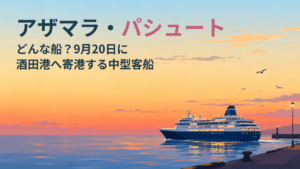 アザマラ・パシュートはどんな船？日の入り後の酒田港を、灯りをともして出港する中型クルーズ客船のイラスト