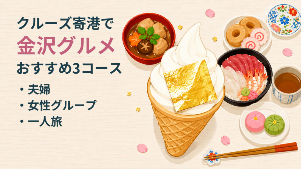 白木のテーブルに並んだ金沢の料理。金箔をのせたソフトクリームを中心に、治部煮の椀、海鮮丼、金沢おでん、和菓子と加賀棒茶を上から見たイラスト。左に夫婦・女性グループ・一人旅の3コースの表示