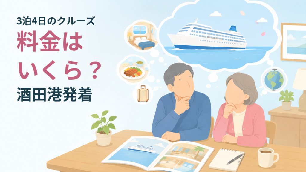 食卓でクルーズのパンフレットを広げ、船や客室や食事を思い浮かべながら料金を検討している夫婦のイラスト